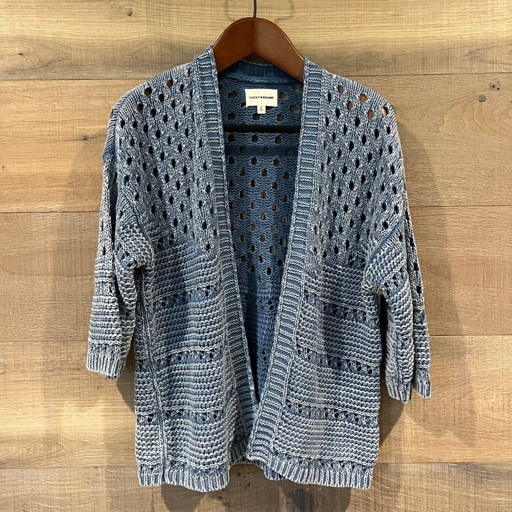 Lucky Brand Women's blue Cotton Crochet Open-Front Cardigan Sweater size S - Picture 3 of 8